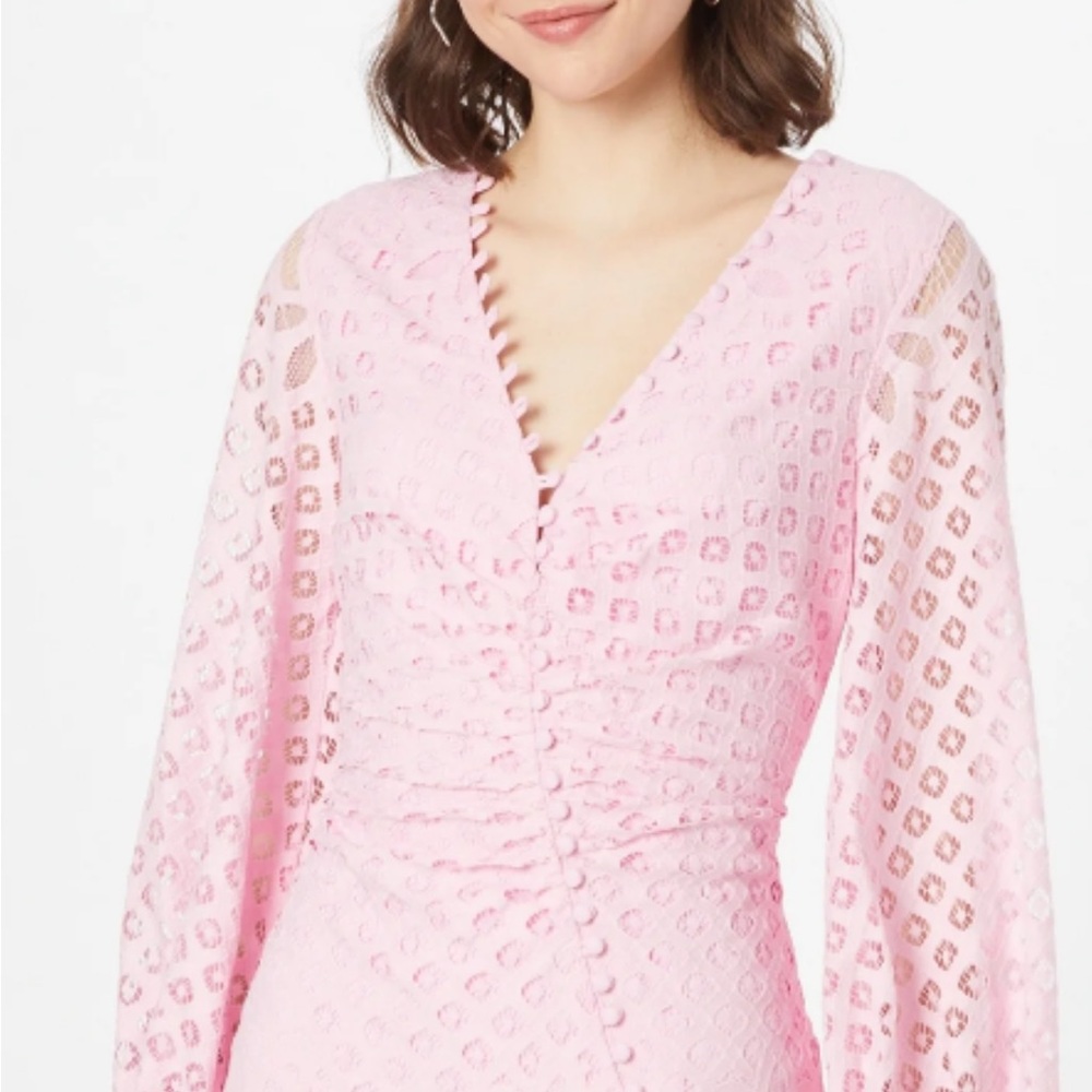 Bardot Pink Sheath Dress with Bishop Sleeves and V-Neck